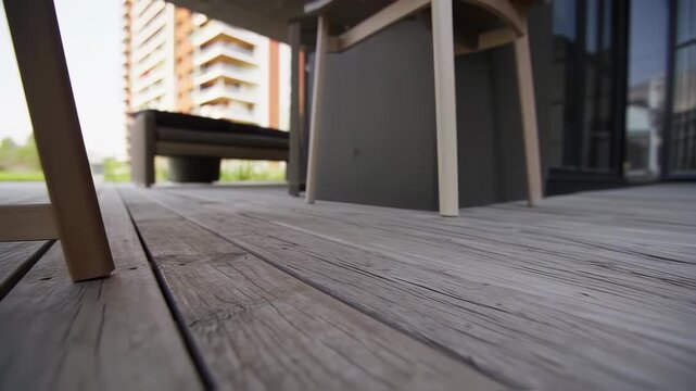 Wooden deck patio with furniture and apartment buildings in the background