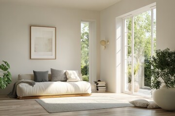 Fototapeta premium Sleek living room background with plush sofa, uncluttered wall, and versatile space for content