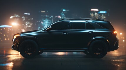 Sleek matte black SUV used as upscale urban taxi, night city setting