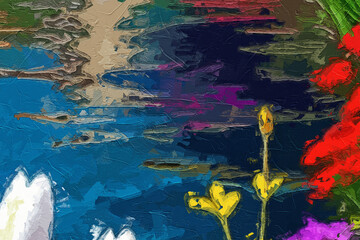 Various oil paintings, flowers, tulips, chrysanthemums, village houses, lakes, forests, figures, lotus flowers, lotus leaves, flying birds