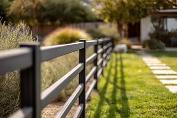 Sleek steel fencing with horizontal rails along a green yard