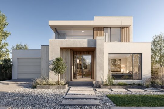Sleek residential facade with clean lines, entryway, and garden vista in a realistic render