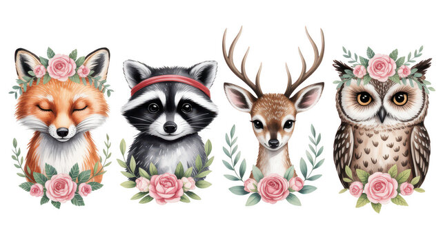 Enchanting woodland animals with floral crowns fox, raccoon, deer and owl for whimsical invitations and charming nursery decor projects