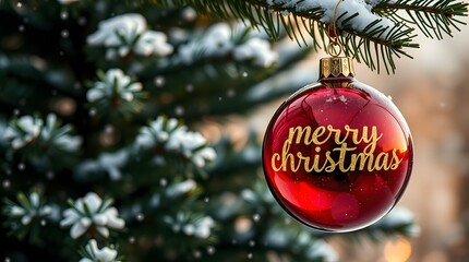 Christmas ornament photo with golden Merry Christmas script and cozy seasonal glow