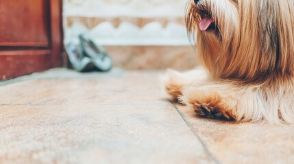 terrier. Close-up portrait of a Tibetan terrier with fluffy fur and soft natural lighting. wildlife magazines, conservation campaigns, designed for eco-tourism storytelling, celebrates biodiversity.
