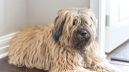 terrier. Close-up portrait of a Tibetan terrier with fluffy fur and soft natural lighting. wildlife magazines, conservation campaigns, designed for eco-tourism storytelling, celebrates biodiversity.