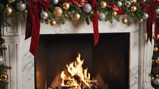 Cozy Fireplace Embellished with Christmas Accoutrements, Creating Festive Ambiance