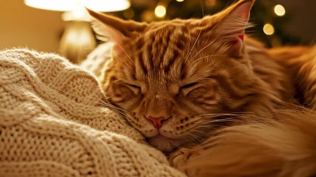 A close-up shot of a ginger Maine Coon cat sleeping peacefully on a cozy, knitted blanket.
