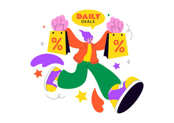 Daily Deals Vector Illustration Showcasing Various Shopping Items with Increasing Discounts, Ideal for Promotions, Sales, and E-Commerce Background
