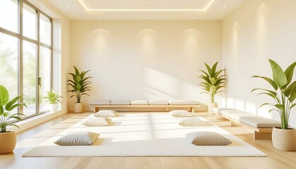 Meditation room in cream tone featuring multiple plush cushions on matching mats lined up on wooden floor adorned with potted plants bathed in soft light through glass windows