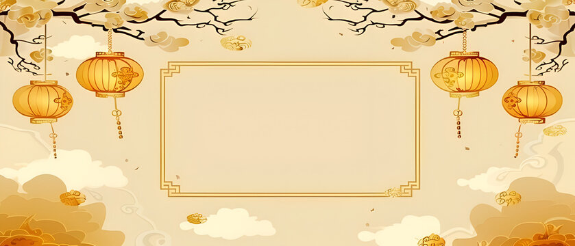 Golden chinese new year background with lanterns and floral branches and copy space - Powered by Adobe