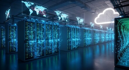 Server racks filled with data and world maps projected above, concept for cloud computing infrastructure management, data center solutions and global network connectivity