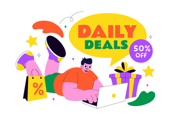Daily Deals Vector Illustration Showcasing Various Shopping Items with Increasing Discounts, Ideal for Promotions, Sales, and E-Commerce Background