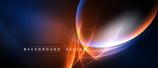 Abstract design features vibrant orange, blue gradients. Neon lines create dynamic, flowing shapes against dark background. Modern aesthetic.