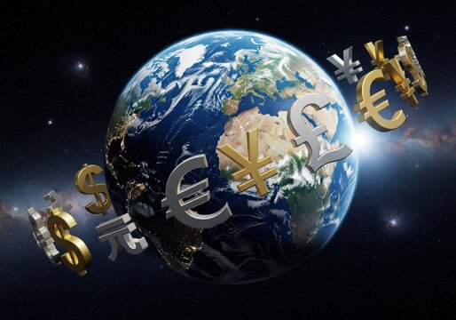 Global finance concept featuring currency symbols orbiting earth, representing international trade, investment, and economic interconnectedness