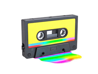 Fototapeta premium Cassette tape retro yellow rainbow colorful plastic vintage music audio creative isolated liquid melted nostalgic 1980s 1990s analog fun vibrant playful concept art design technology entertainment