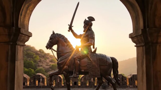 Statue of Chhatrapati Shivaji Maharaj on Horseback with Sword at Sunset, Symbol of Maratha Pride