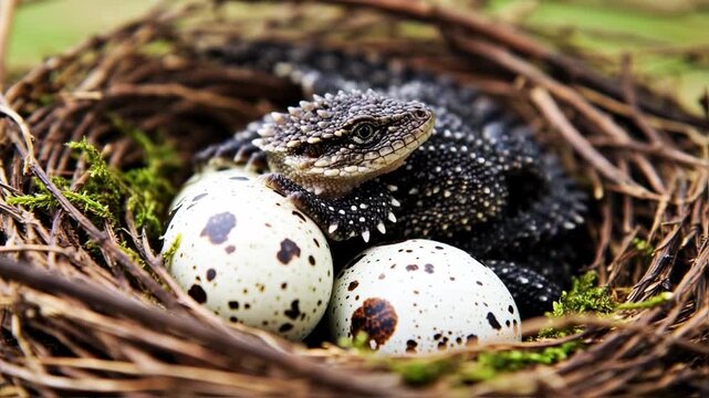 Tiny lizard nestled in a bird's nest with speckled eggs