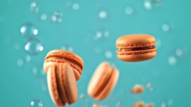 Floating macarons against a teal background with bubbles