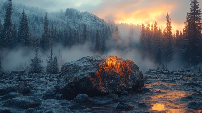 Frozen winter sunrise, glowing rock