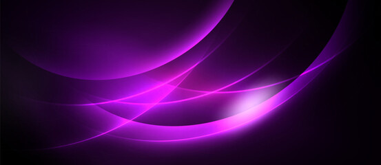Abstract purple waves, dynamic light effects, dark background. Smooth curves create flowing energy, modern design.