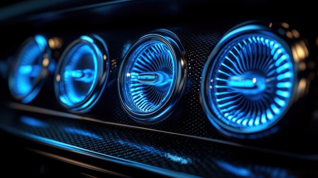 Futuristic car dashboard vents with glowing blue lights