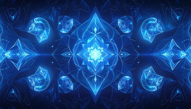 Symmetrical blue fractal design with geometric shapes, resembling gems and floral elements. Glowing patterns create a mesmerizing visual