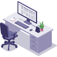 Isometric Office Desk Setup With Computer Monitor Keyboard Mouse Chair And Potted Plant In A Clean Minimalist Design With A White Background