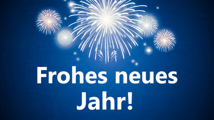 A New Year"s celebration with the phrase "Frohes neues Jahr!" centered on a dark blue background. A large white firework burst erupts above the text, with small stars and sparkles scattered around it.