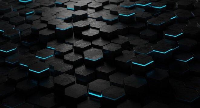 Abstract background of dark 3d hexagonal prisms with glowing blue light. Futuristic technology and sci-fi honeycomb pattern. Modern geometric surface design