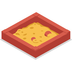 Isometric Red Sandbox Filled With Golden Sand and Small Red Inclusions on White Background