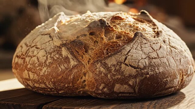 Freshly baked sourdough bread loaf steaming on a wooden cutting board with a rustic background perfect for food blogs and culinary projects showcasing artisanal baking