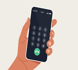 Illustration of a hand holding a smartphone with a dial pad on the screen, ready to make a call, , showcasing modern communication © arfanah02