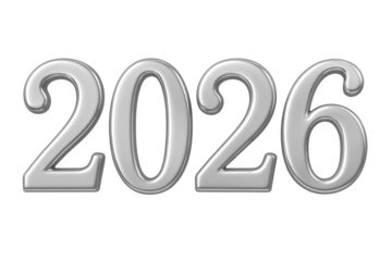 Silver 3D number 2026 on white background