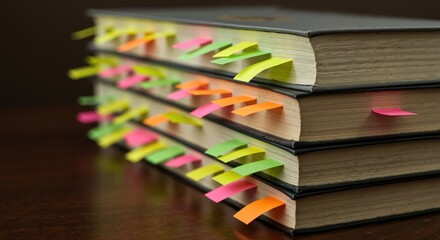 Stack of books with colorful sticky note tabs for research and study. Education and information organization concept