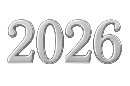 Silver 3D number 2026 on white background
