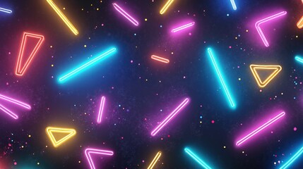 Abstract background with glowing colorful neon lights. Retro 80s geometric pattern. Futuristic synthwave wallpaper