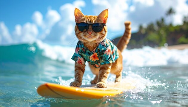 Adorable surfing cat enjoying the beach Sunshine, waves, and a purrfect adventure!
