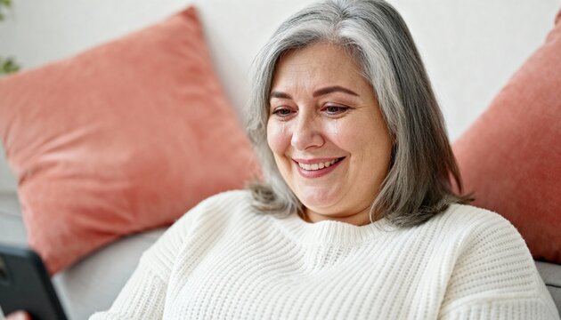 Emotional mature woman crying happy tears while smiling. Senior lady having a heartfelt video call on her smartphone at home