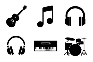 Collection of black silhouettes of musical instruments and audio equipment