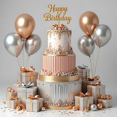 Birthday greeting featuring elegant three-tiers birthday cake adorned with metallic gold and silver balloons and giftboxes against light grey background
