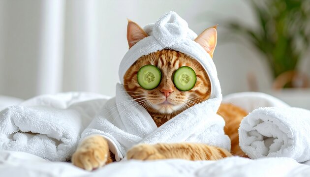 Pampered Cat Relaxing in Spa Mode with Cucumber Eyes and a Cozy Robe for Ultimate Serenity