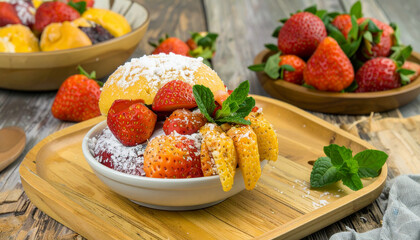 Sweet Strawberries and Cream Dessert with Mint Garnish on a Wooden Board
