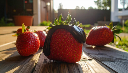 Fresh ripe red strawberries and blackberries scattered on a rustic dark wood table in natural sunlight
