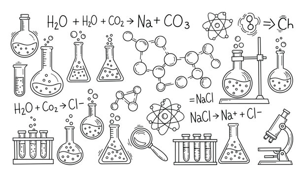 Hand drawn science chemistry laboratory equipment and chemical formulas with molecules and atoms beaker