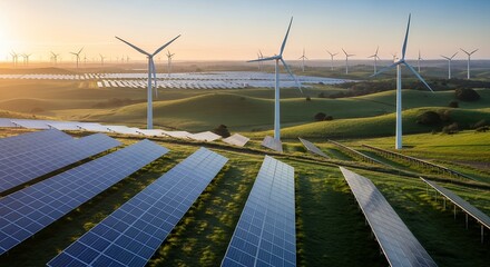 Aerial view of solar panels and wind turbines in a green field landscape, concept for sustainable energy generation, renewable resource innovation and environmental conservation