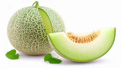 Fresh Cantaloupe Melon With A Slice And Green Leaves On White Background