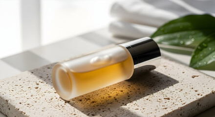 Luxury Frosted Cosmetic Bottle of Golden Serum Essence on Natural Stone Podium