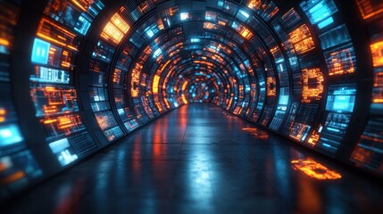 Futuristic tunnel with glowing screens