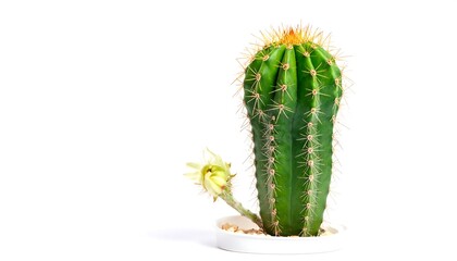 Naklejka premium Elegant Cactus with Delicate Flower on White Background.